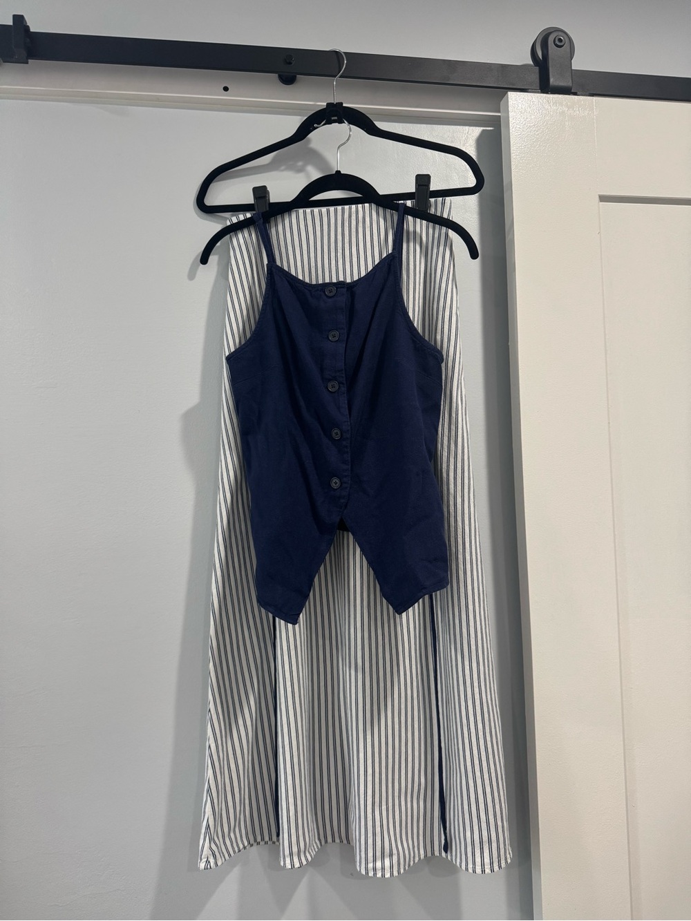 Navy Button-Front Tank with Blue-White Striped Midi Skirt Set (S/M)